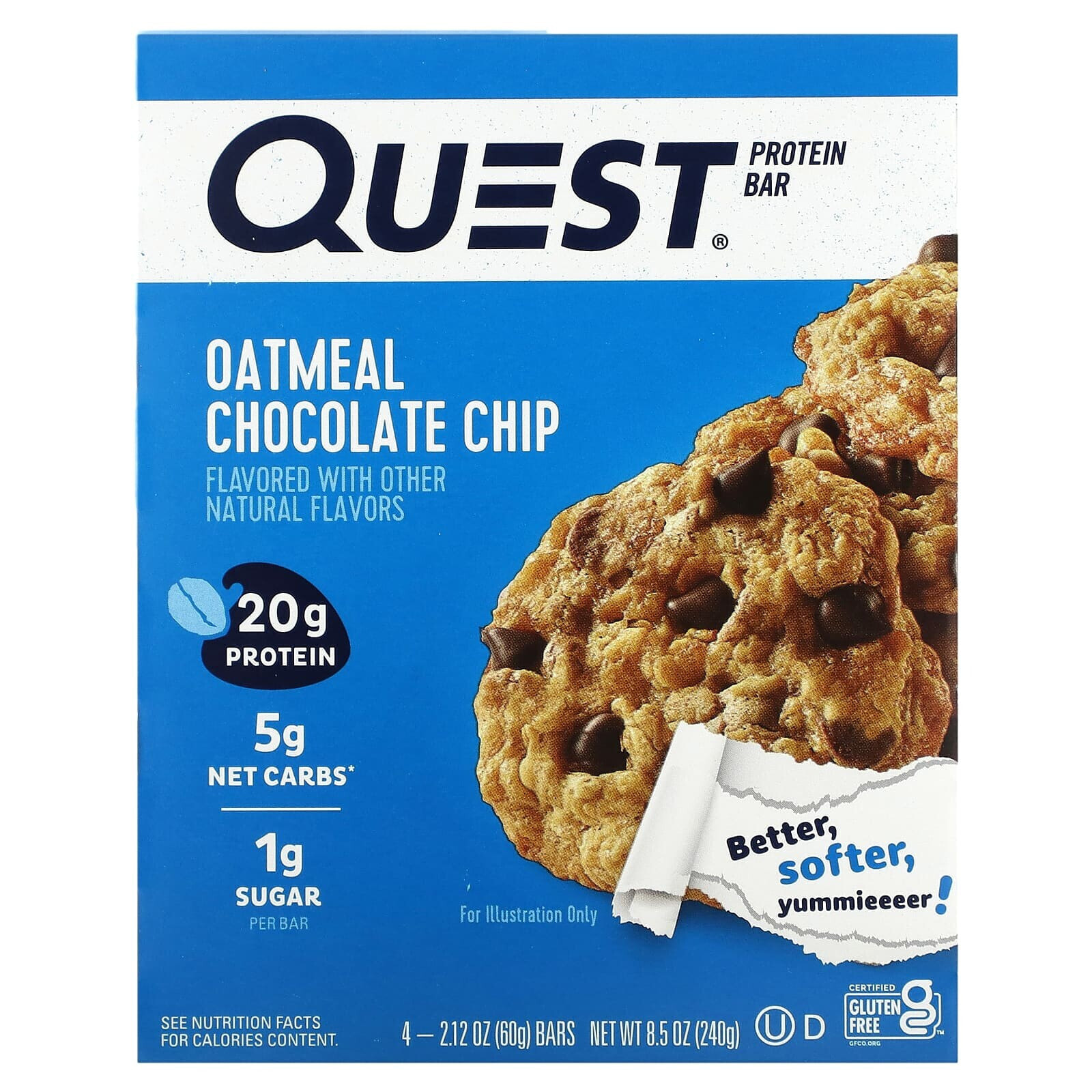 Quest Nutrition, Протеиновый батончик, овсянка и шоколадная крошка, 4 батончика по 60 г (2,12 унции)