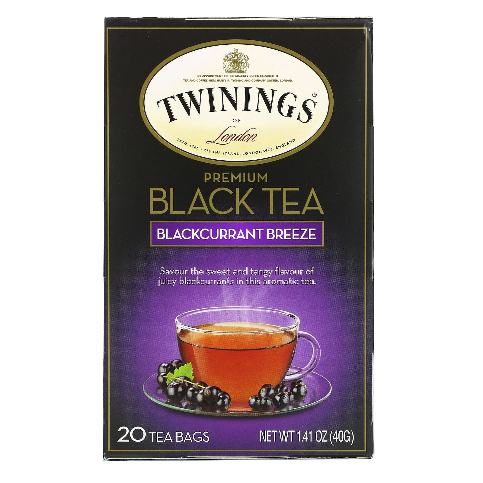 Premium Black Tea, Blackcurrant Breeze, 20 Tea Bags, 1.41 oz (40 g)