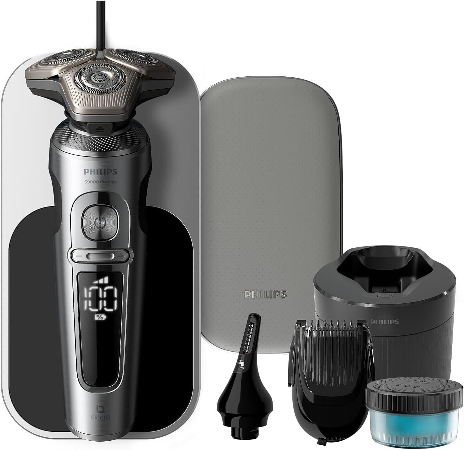 Philips Razor S9000 Prestige Wet and Dry Razor for Men with SkinIQ Technology, Qi Charging Pad, Cleaning Station, Beard Styler & Nose Hair Trimmer (Model SP9871/22)