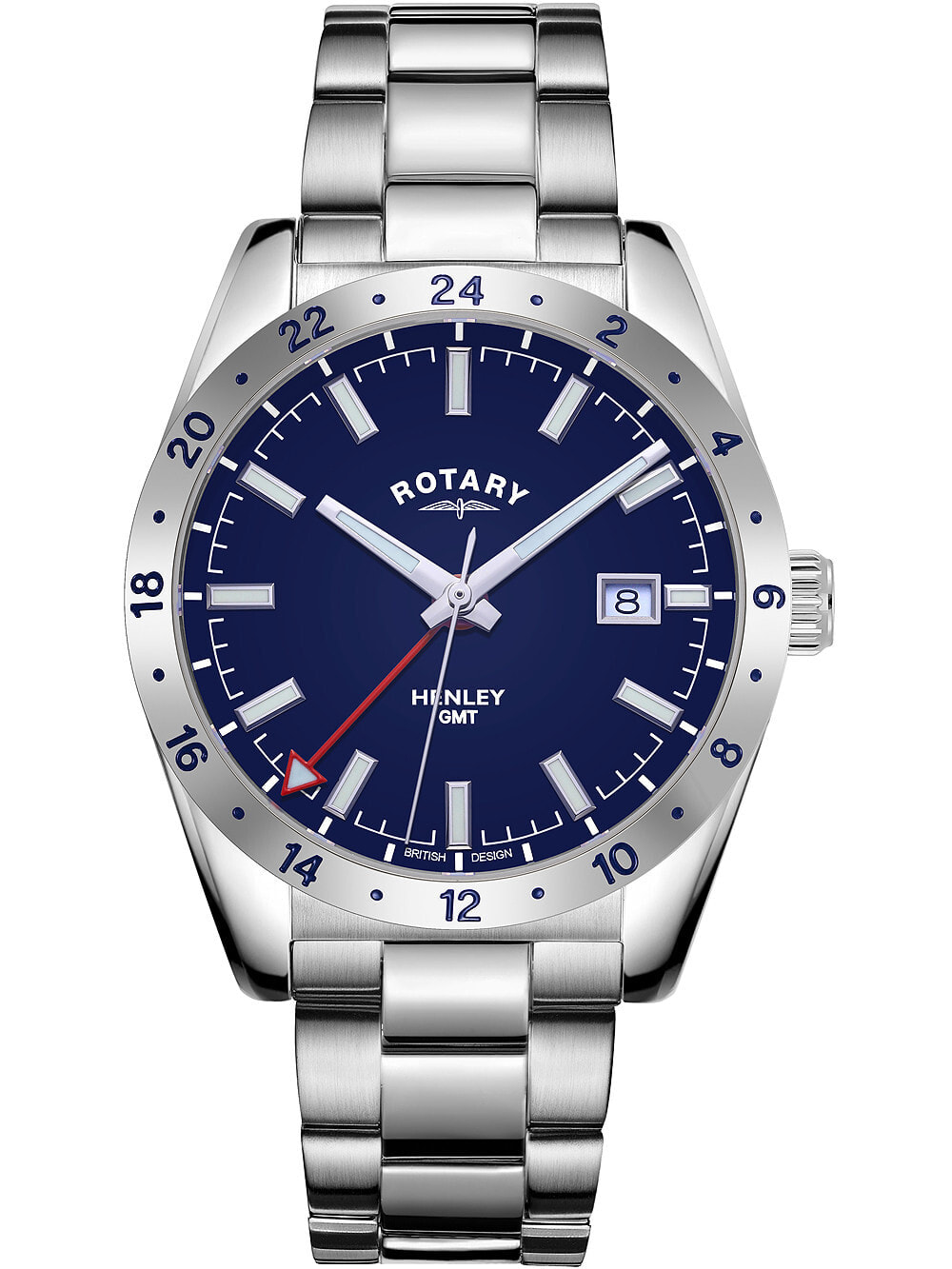Мужские наручные часы с серебряным браслетом Rotary GB05176/05 Henley GMT mens 40mm 10ATM