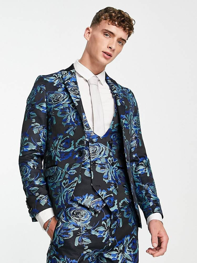 Twisted Tailor – Owsley – Anzug-Jacke in Schwarz mit blaugrünem und mintfarbenem floralem Jacquard