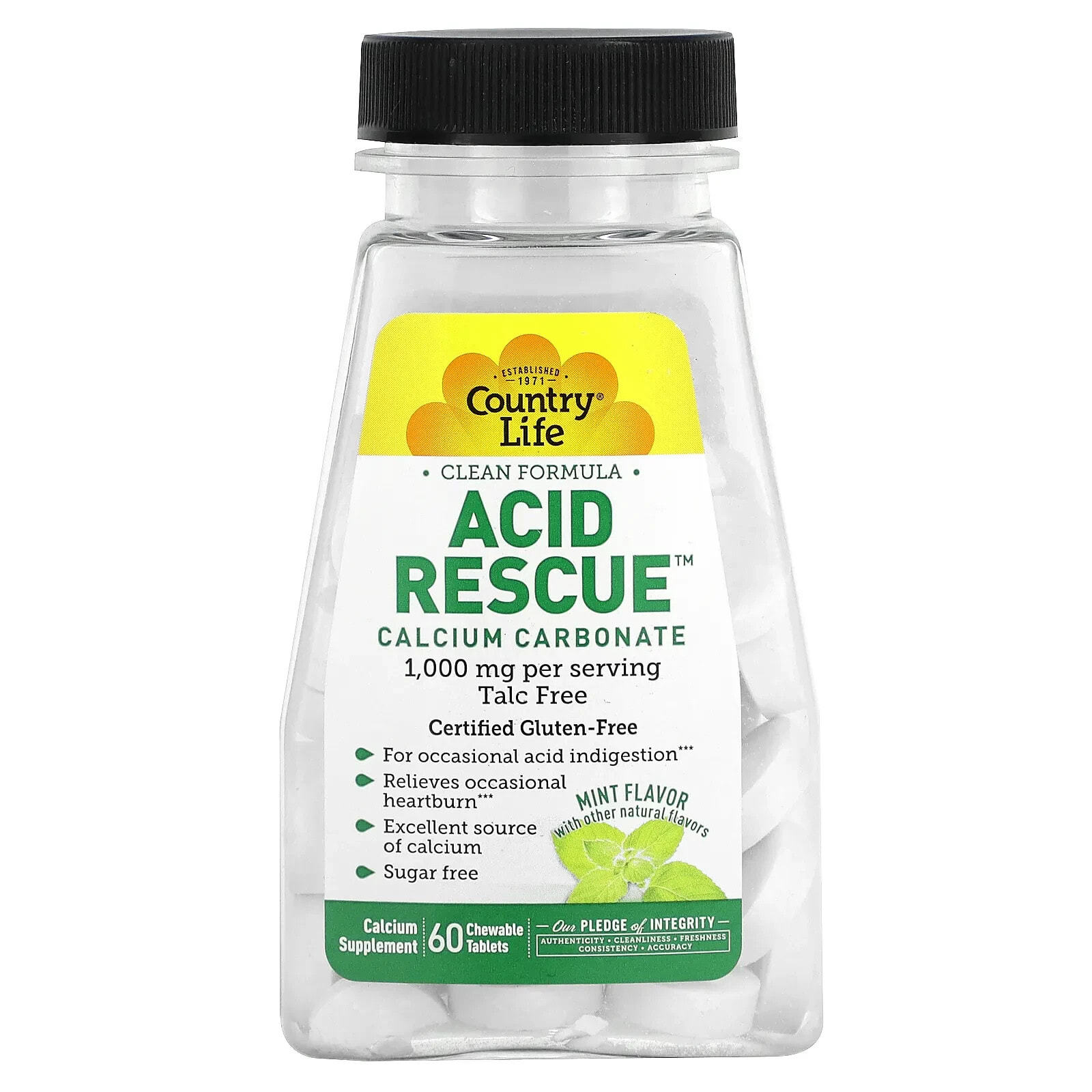 Acid Rescue, Calcium Carbonate, Mint, 1,000 mg, 60 Chewable Tablets (500 mg per Tablet)