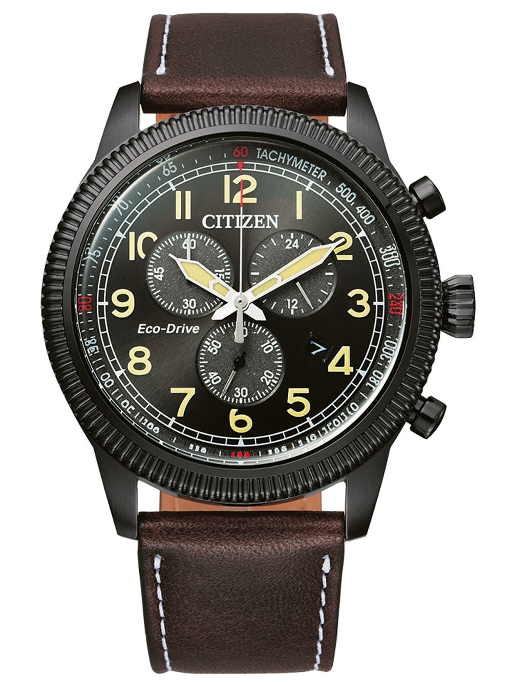 Мужские наручные часы с коричневым кожаным ремешком Citizen AT2465-18E Eco-Drive chrono 43mm 10ATM
