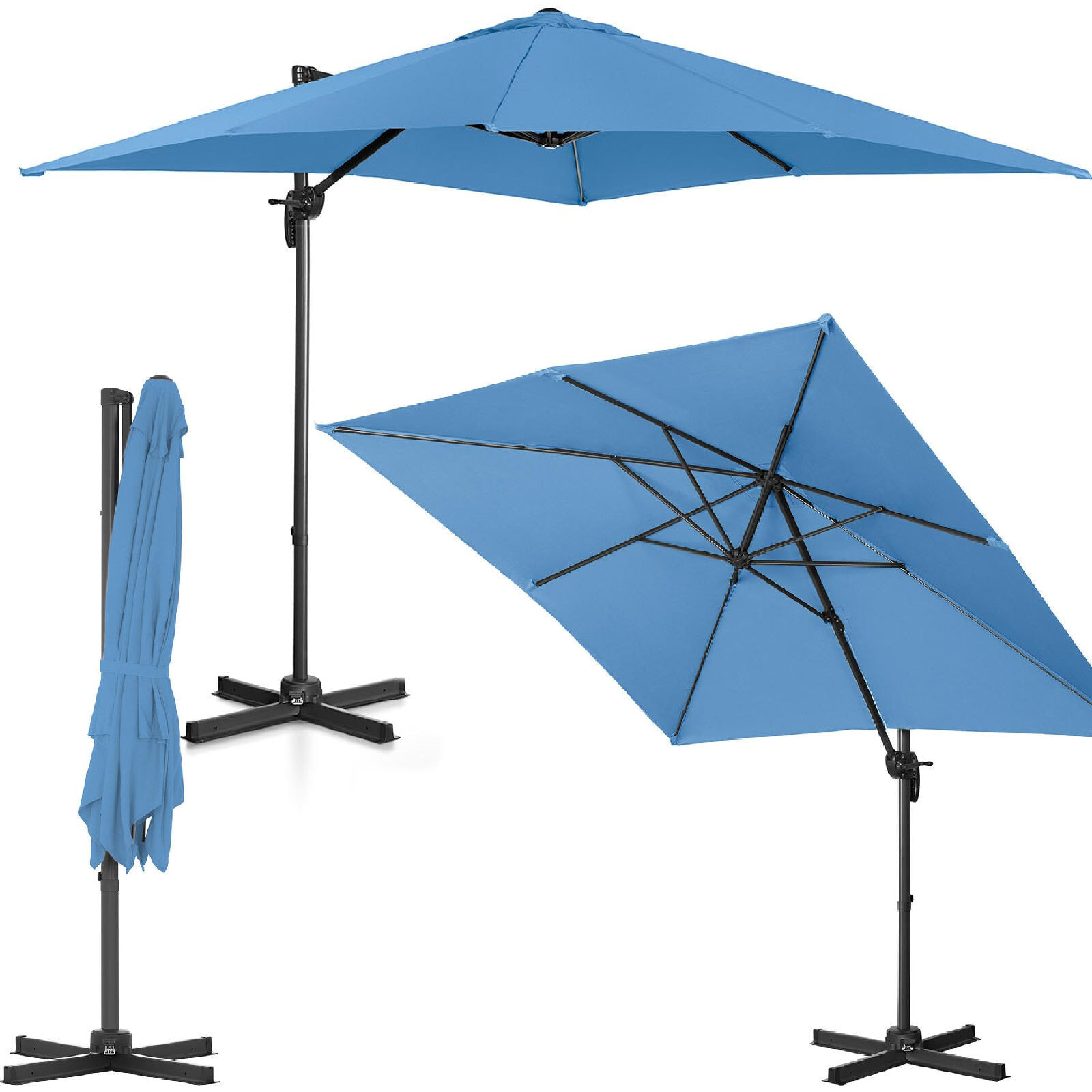 Side garden umbrella with square extension arm 250 x 250 cm blue