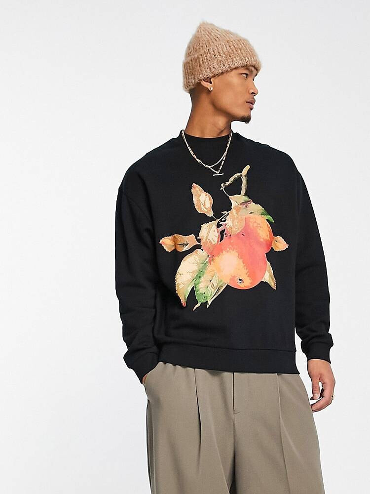 ASOS DESIGN – Oversize-Sweatshirt in Schwarz mit Früchte-Print