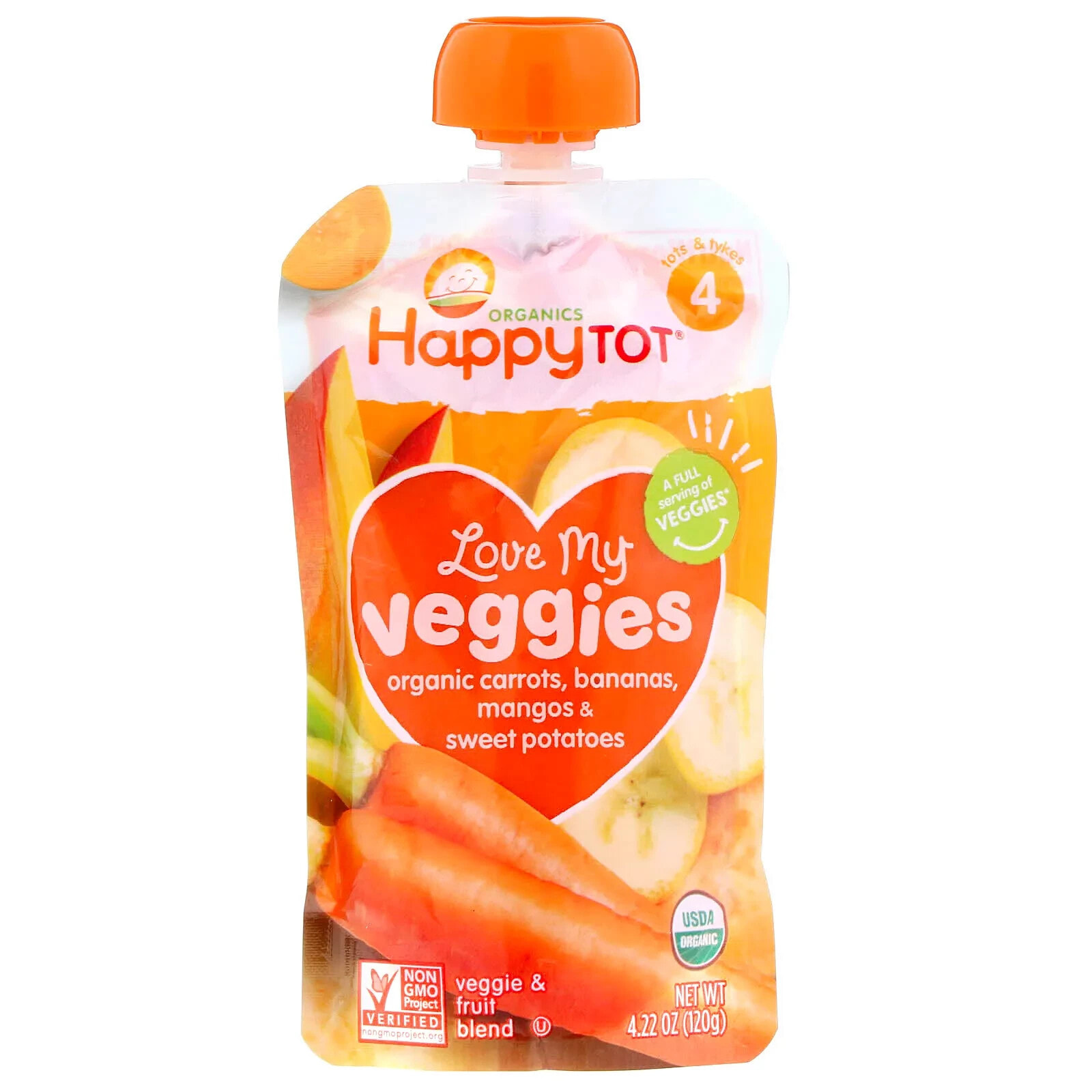 Happy Tot, Love My Veggies, Stage 4, Organic Carrots, Bananas, Mangos & Sweet Potatoes, 4.22 oz (120 g)