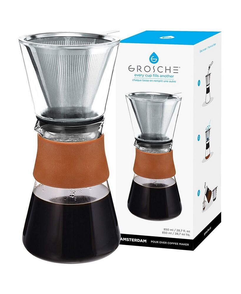 Amsterdam Pour Over Coffee Maker with Double Layer Permanent Stainless Steel Coffee Filter, 28.7 fl oz Capacity