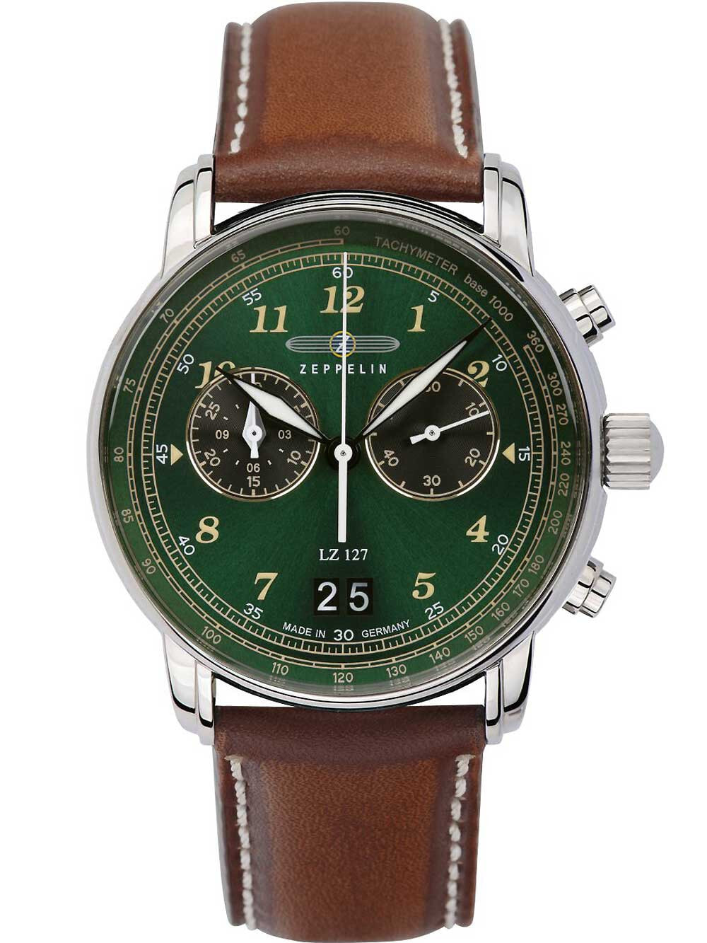 Мужские наручные часы с коричневым кожаным ремешком Zeppelin 8684-4 Graf Zeppelin LZ127 big-date chrono 41mm 5ATM
