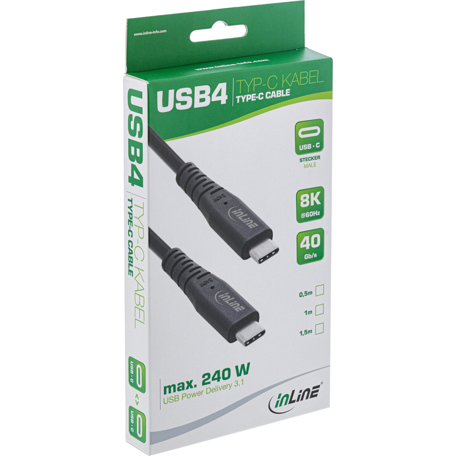 InLine USB4 cable - USB Type-C male/male - PD 240W - 8K60Hz - TPE black 0.5m - 0.5 m - USB C - USB C - USB4 Gen 3x2 - 40000 Mbit/s - Black