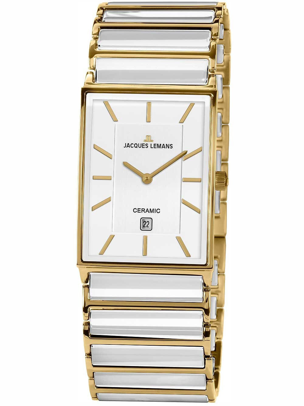 Женские наручные кварцевые часы Jacques Lemans из нержавеющей стали с PVD-покрытием из желтого золота,  установлено минеральное стекло с сапфировым напылением.  Браслет из высокотехнологичной керамики белого цвета дополнен надежной двойной застежкой  клип