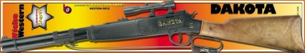 Игрушечная самовзводная винтовка Dakota с оптическим прицелом. Тип пистонов: 100 зарядные. Длина 64 см. От 8 лет. Металл и пластик.