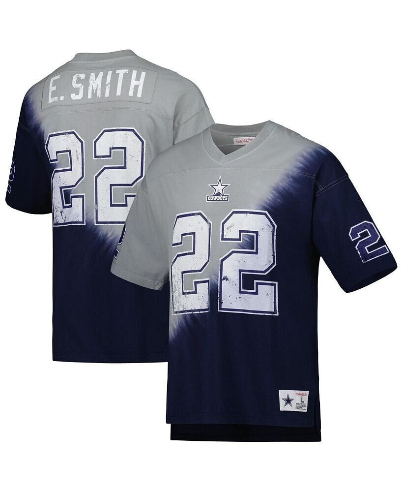 Mitchell & Ness men's Emmitt Smith Navy, Gray Dallas Cowboys Retired Player Name and Number Diagonal Tie-Dye V-Neck T-shirt