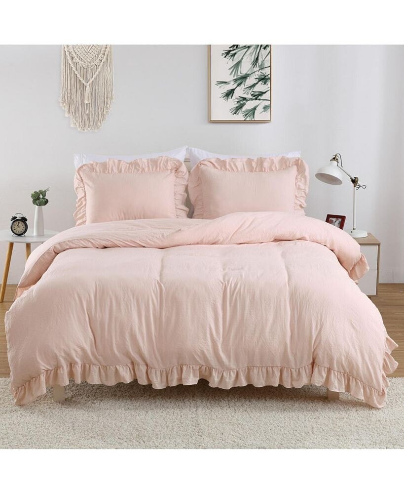 CAROMIO soft Washed Microfiber Ruffle Duvet Cover Set, Queen