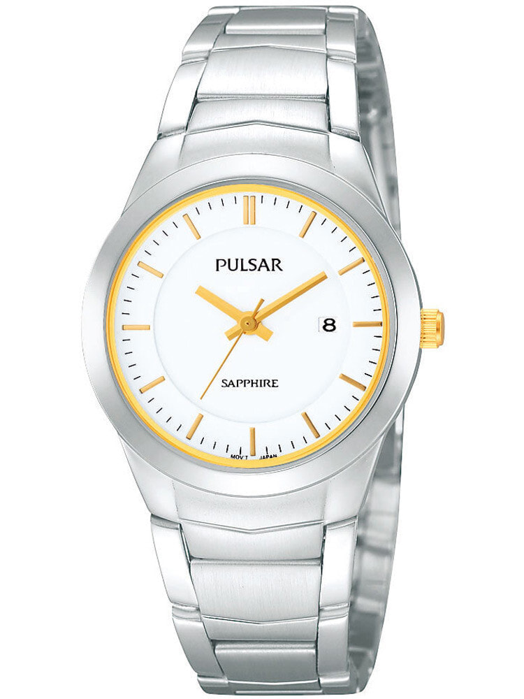 Женские наручные кварцевые часы Pulsar ремешок из нержавеющей стали. Водонепроницаемость-3 АТМ. Защищенное от царапин сапфировое стекло. Окошко с датой.