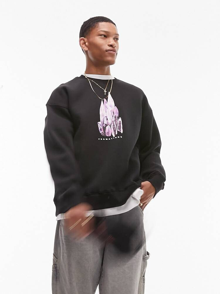 Topman – Oversize-Sweatshirt in Schwarz mit Kristall-Print