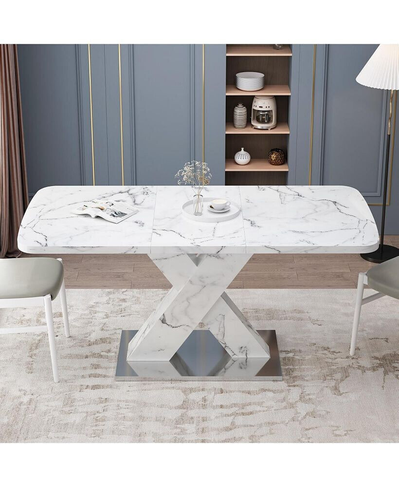 Simplie Fun modern Square Dining Table, Stretchable, white Marble Tabletop+MDF X-Shaped Table Leg with Me