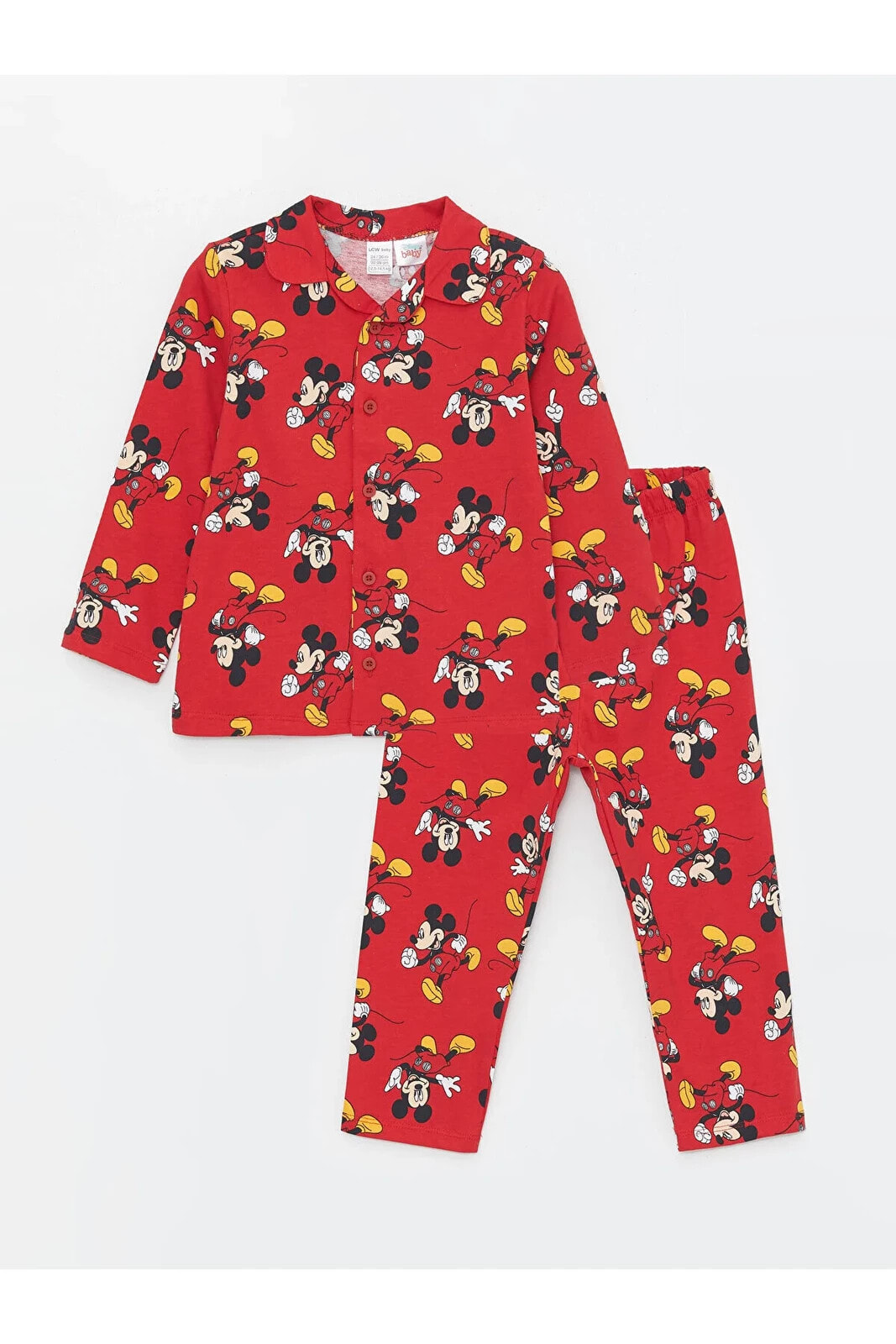 Polo Yaka Uzun Kollu Mickey Mouse Baskılı Erkek Bebek Pijama Takımı