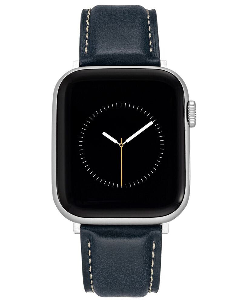 Navy Smooth Leather Strap with Contrast Stitching and Silver-Tone Stainless Steel Lugs for 42mm, 44mm, 45mm, Ultra 49mm Apple Watch