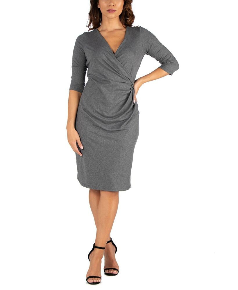 24seven Comfort Apparel women's Three Quarter Sleeve Knee Length Wrap Dress