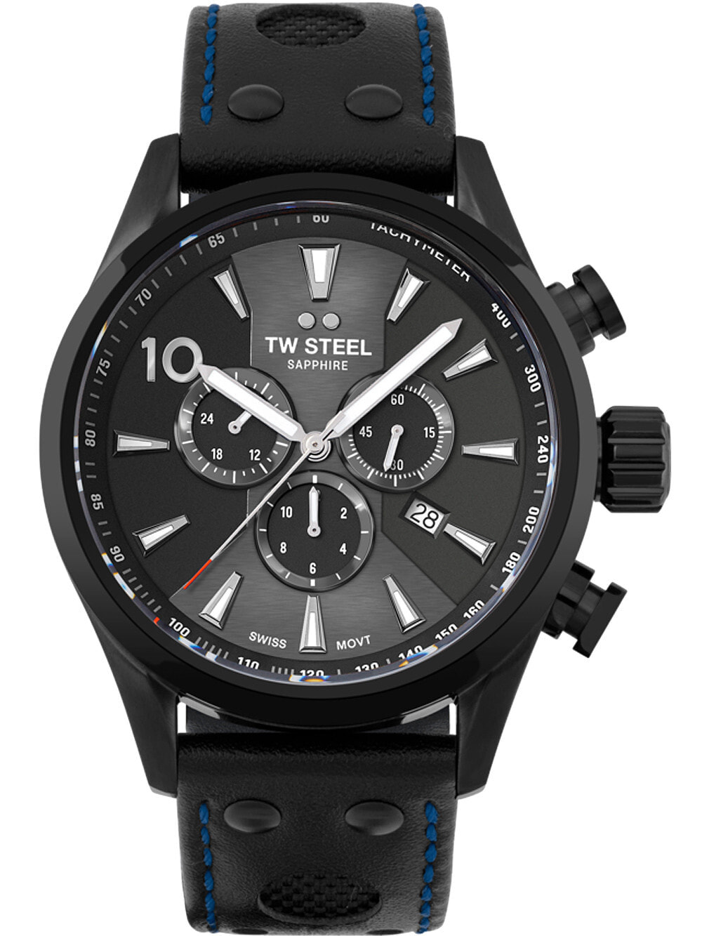 Мужские наручные часы с черным кожаным ремешком TW-Steel SVS308 Volante chronograph BMW Dominator 48mm 10ATM
