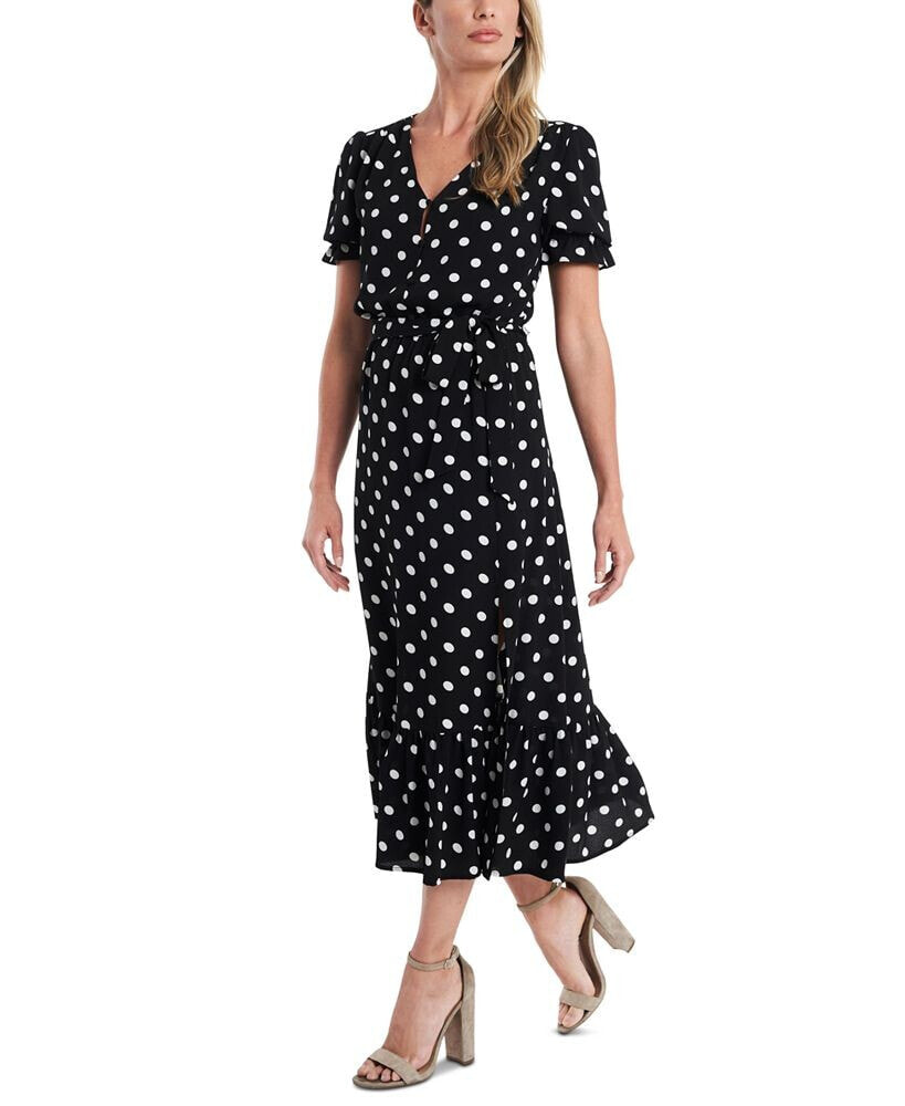 CeCe women's Short Sleeve Polka-Dot Tie-Waist Midi Dress