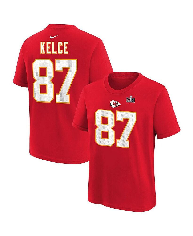 Nike little Boys and Girls Travis Kelce Red Kansas City Chiefs Super Bowl LVIII Player Name and Number T-shirt