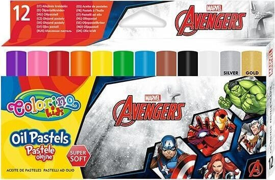 Patio Pastele olejne trójkątne 12 kolorów + temperówka Avengers