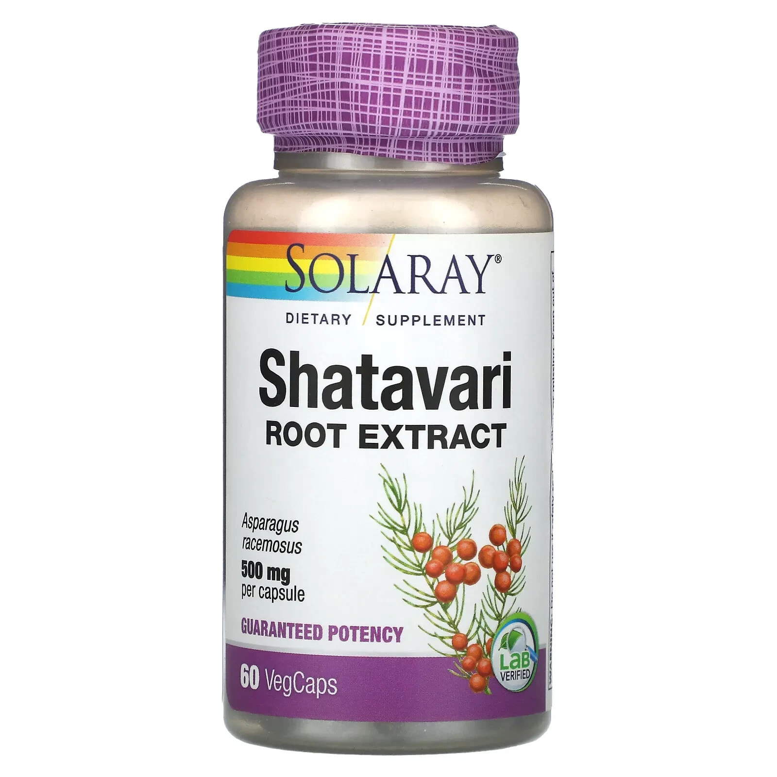 Solaray, Экстракт корня шатавари, 500 мг, 60 вегетарианских капсул