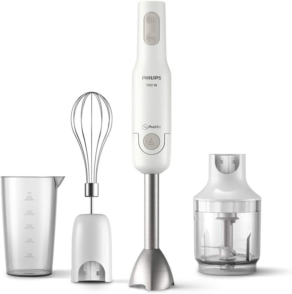 Philips HR2543/00 Daily + Collection 700 W White ProMix Technology 2 Speed Settings + Turbo Metal Rod Whisk Compact Crusher Cup