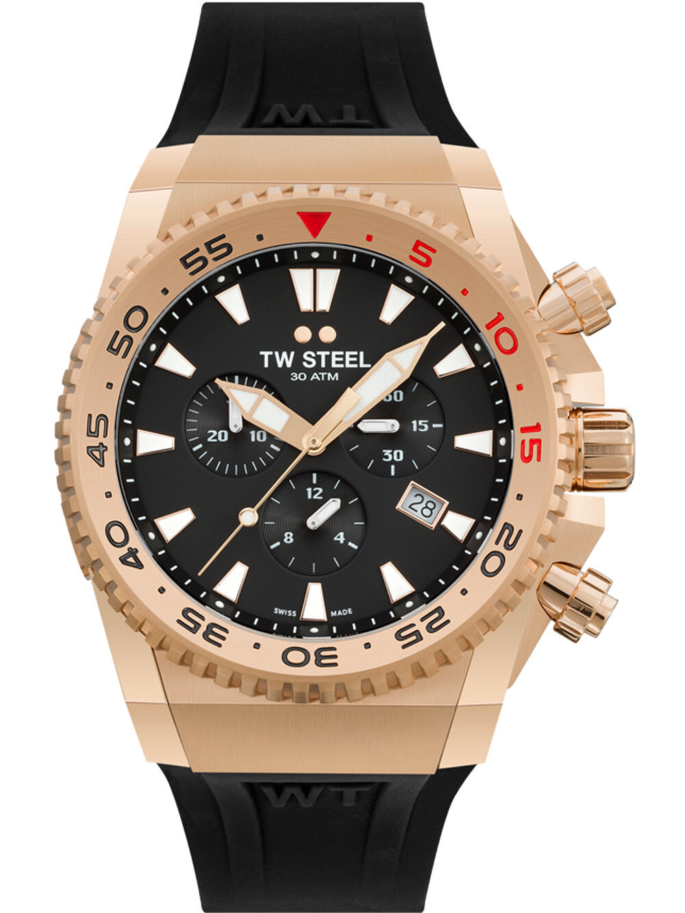 Мужские наручные часы с черным силиконовым ремешкомTW-Steel ACE403 Ace Diver chronograph 44mm 30ATM