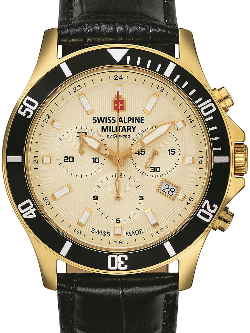 Мужские наручные часы с черным кожаным ремешком Swiss Alpine Military 7022.9511 chronograph 42mm 10ATM
