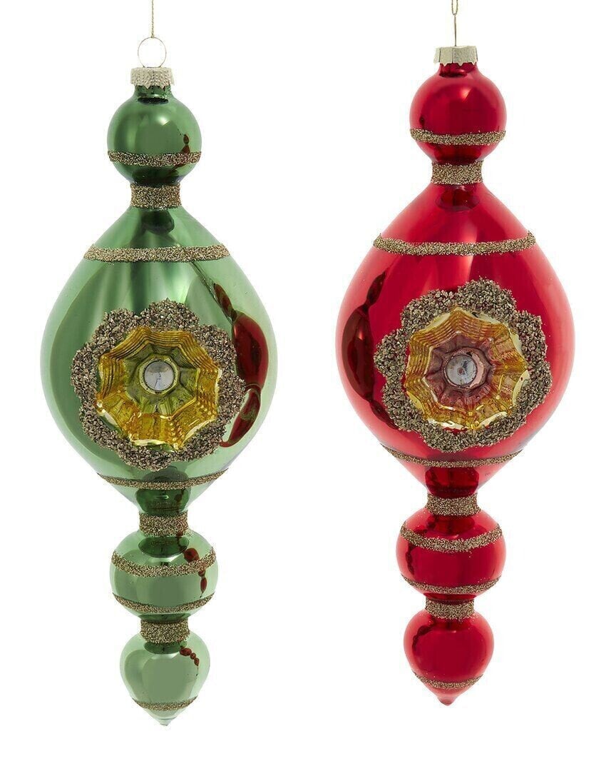 Kurt Adler Set Of 2 9In Glass Reflector Finial Ornaments Multicolor