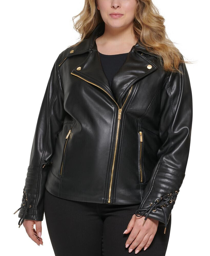 Women's Plus Size Faux-Leather Asymmetric Moto Coat