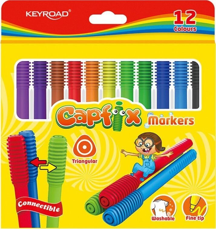 Keyroad Flamastry KEYROAD Capfix Markers, 12szt., trójkątne, zmywalne, łączone, zawieszka, mix kolorów