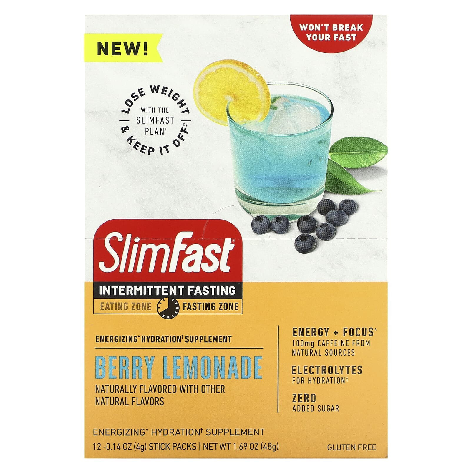 SlimFast, Прерывистое голодание, бодрящая добавка для гидратации, фруктовый пунш, 12 палочек по 4 г (0,14 унции)