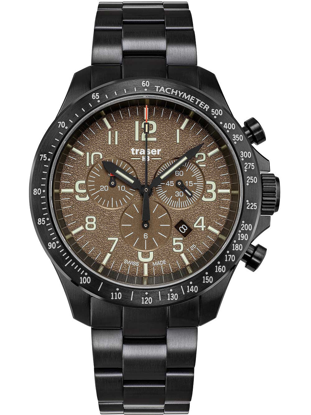 Мужские наручные часы с черным браслетом Traser H3 109460 P67 Officer chrono khaki steel 46mm 10ATM