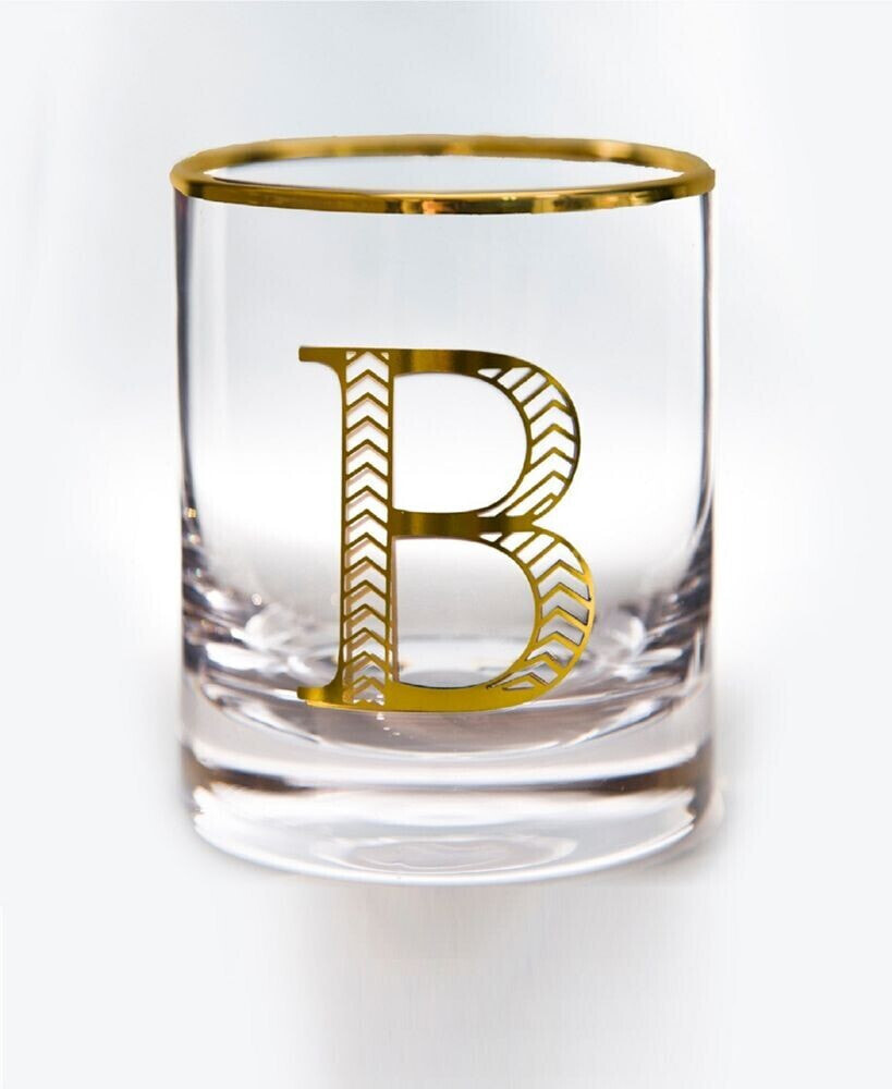 Qualia Glass monogram Rim and Letter B Double Old Fashioned Glasses, Set Of 4