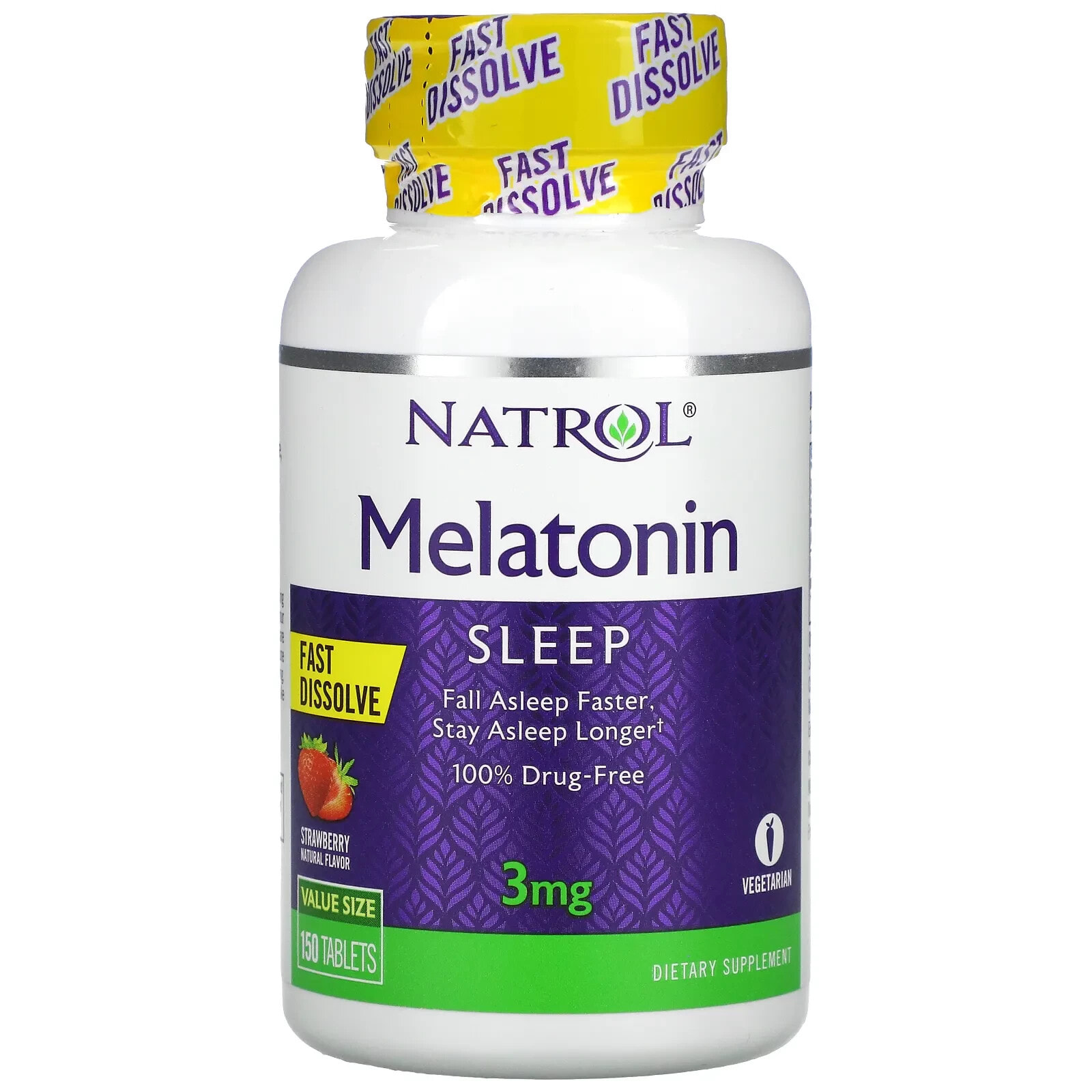 Melatonin, Fast Dissolve, Strawberry, 3 mg, 150 Tablets
