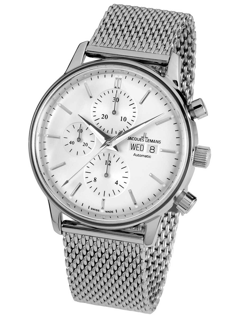 Мужские наручные часы с серебряным браслетом Jacques Lemans N-208E Retro Classic Mens Chronograph Automatic 44mm 5 ATM