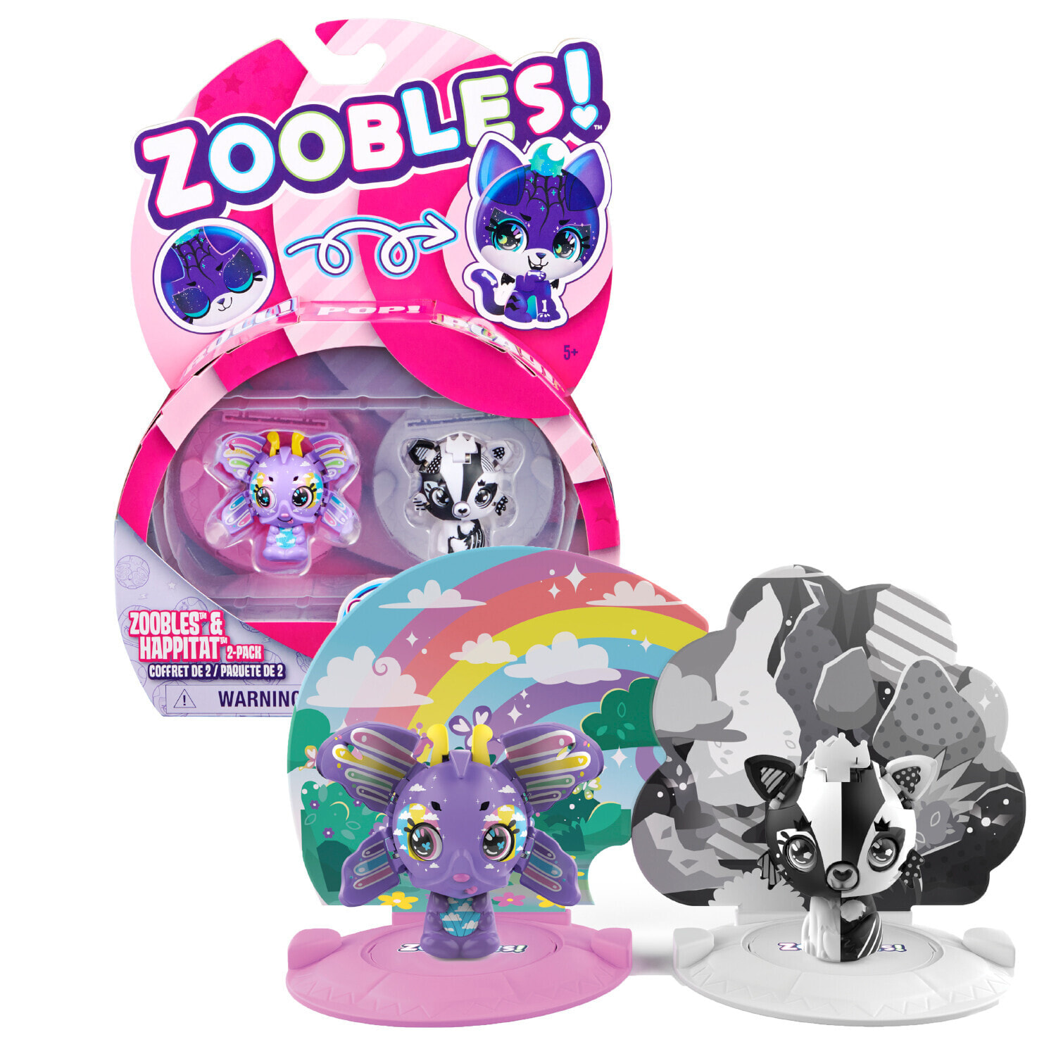 Zoobles Rainbow Butterfly and Black and White Fox 2-Pack Transforming 6063620