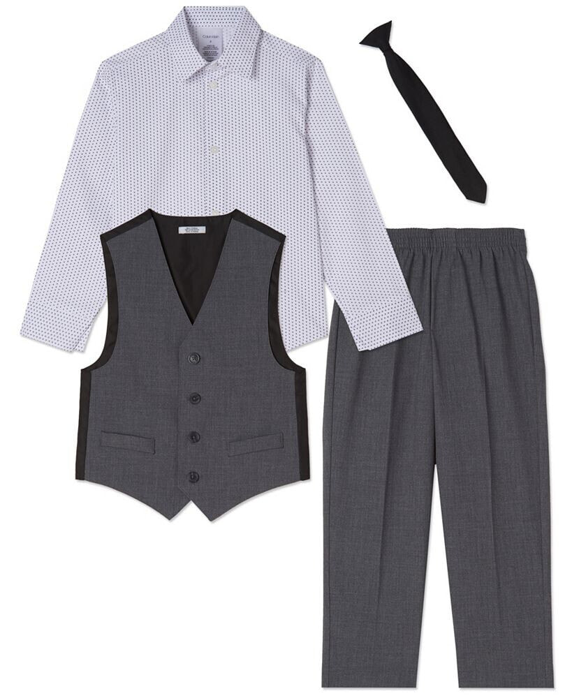 Calvin Klein toddler Boys Bi-Stretch Vest, Pants, Shirt and Tie, 4-Piece Set