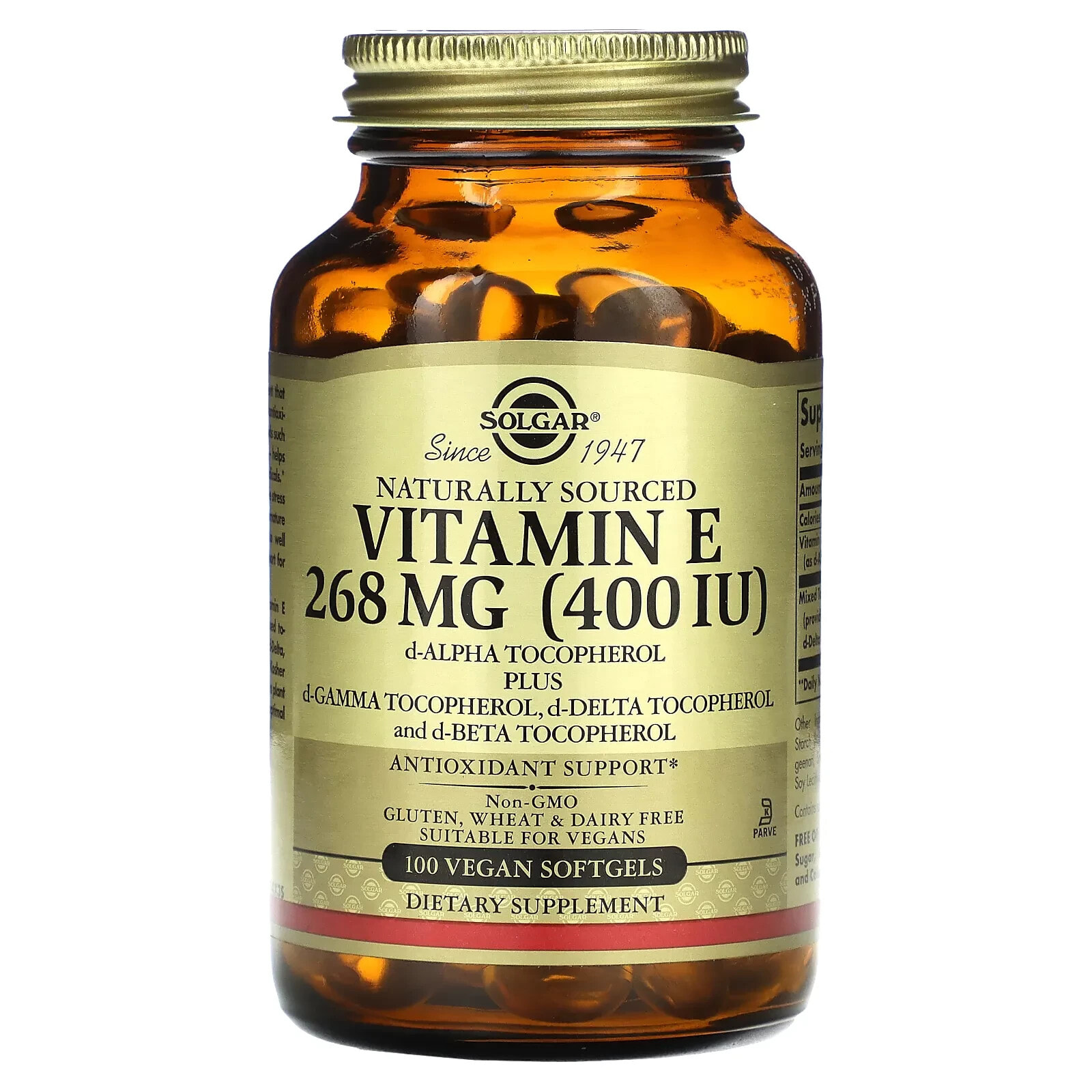 Солгар, натуральный витамин E, 670 мг (1000 МЕ), 100 вегетарианских мягких таблеток