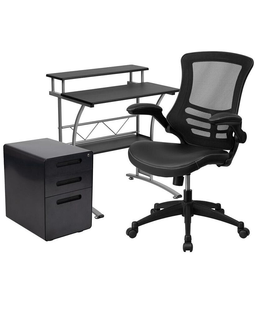 EMMA+OLIVER work From Home Kit-Computer Desk, Mesh/Leathersoft Office Chair, File Cabinet