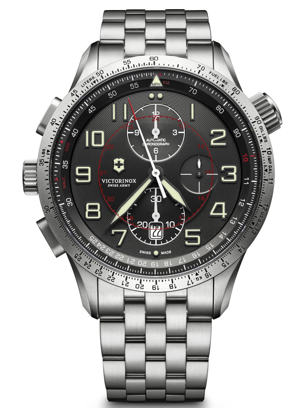 Мужские наручные часы с серебристым браслетом Victorinox 241722 Airboss Mach 9 Chronograph 45mm 10ATM
