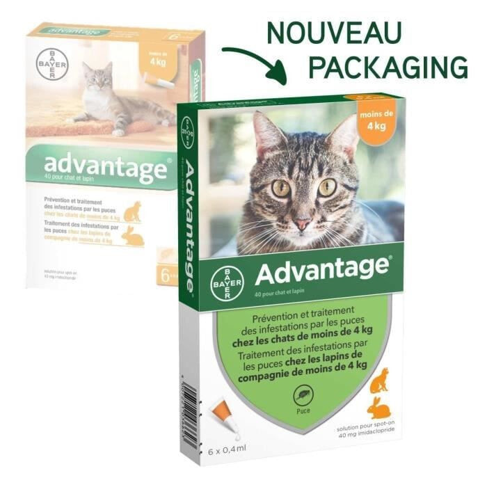 ADVANTAGE 40 - 6 антипаразитарных пипеток - Для кошек и кроликов весом до 4 кг.