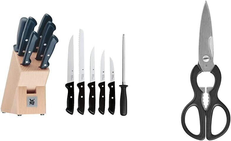 WMF Classic Line Knife Block with Knife Set, 7 Pieces, Equipped, 5 Knives, 1 Sharpening Steel, 1 Block & WMF Kitchen Scissors 21 cm, Household Scissors with Saw Cut, Stainless Steel, Plastic Handle,