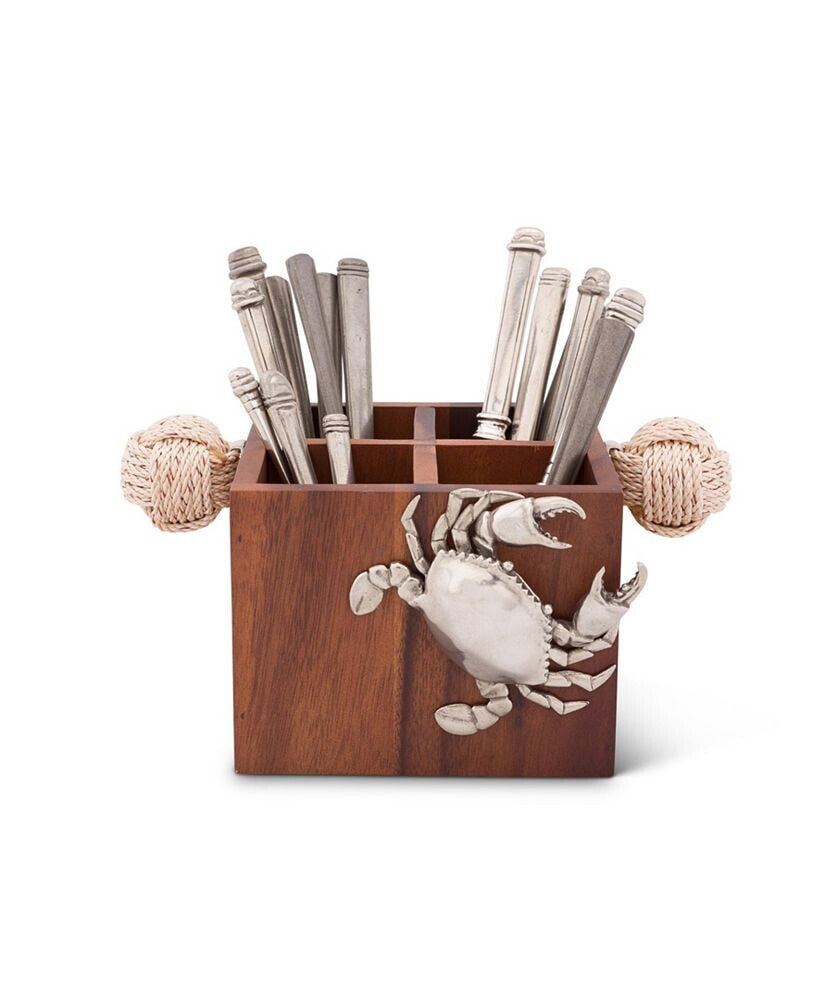 Vagabond House caddy Square Acacia Wood Flatware, Serve Ware, Utensil, Carry-All Holder with Solid Pewter Crab Accent and Real Rope Handles, 4 Compartments