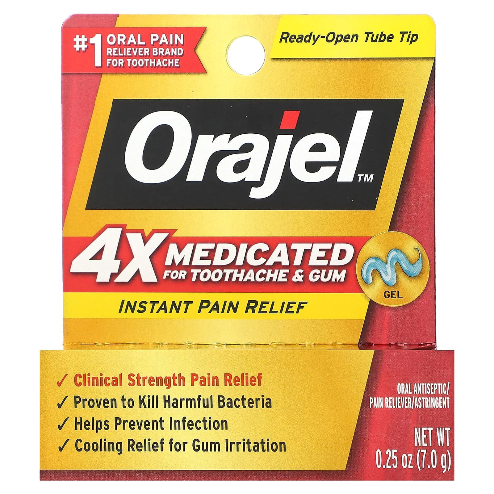 Orajel, Instant Pain Relief Gel, 4X Medicated For Toothache & Gum, 0.25 oz (7 g)