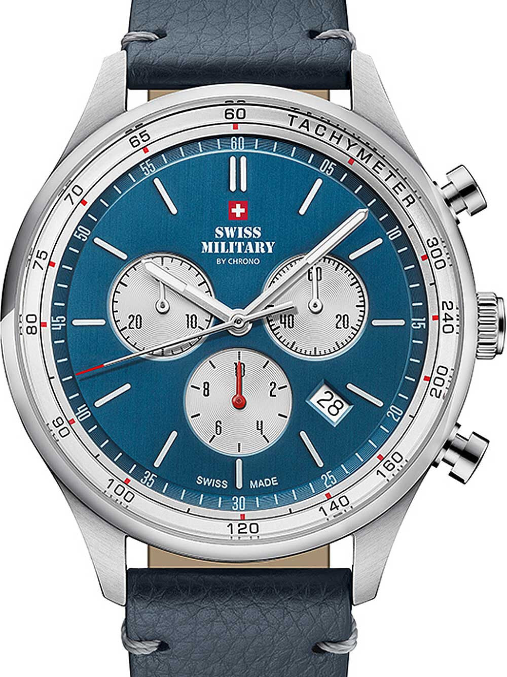 Мужские наручные часы с синим кожаным ремешком Swiss Military SM34081.08 chrono 42mm 10ATM