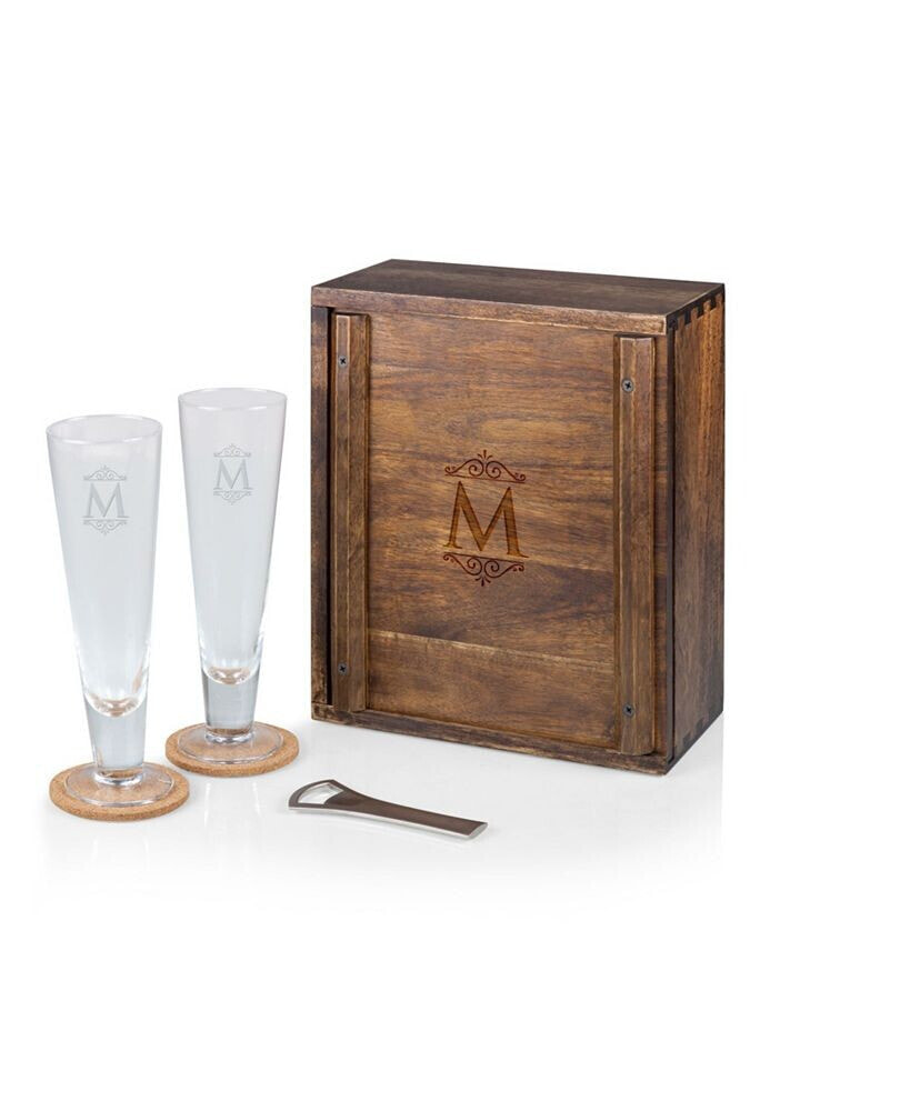 Legacy monogram Pilsner Beer Glass Gift Set, Acacia Wood